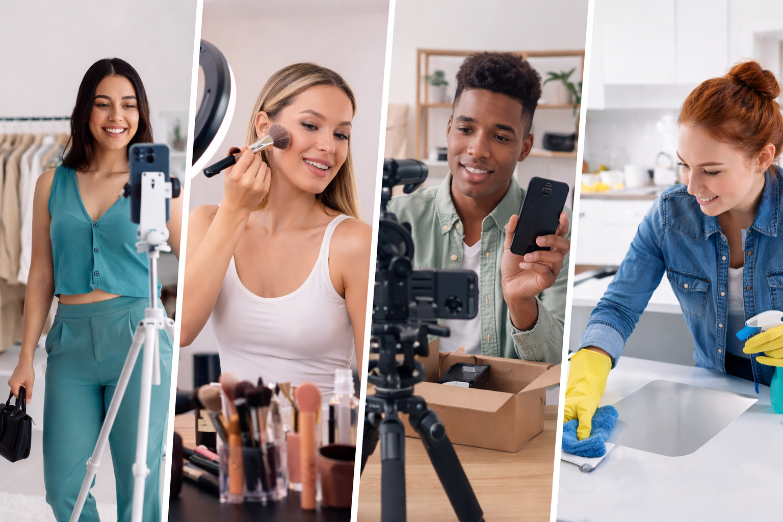 Creators filming short-form videos across beauty, tech, and home content to drive engagement and conversions
