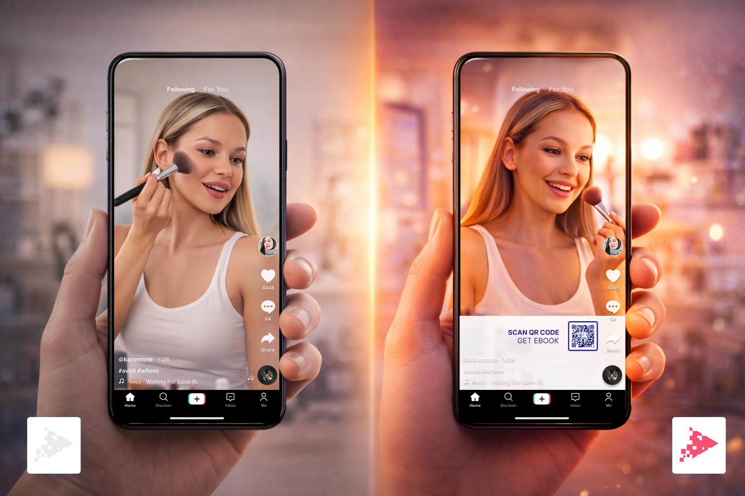 Comparison of video without QR code and video with in-video QR code driving instant action