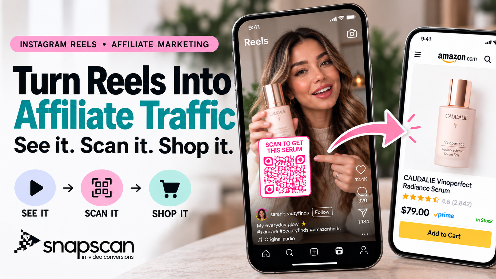 Instagram Reel with an in-video QR code linking viewers directly to an affiliate serum product page.