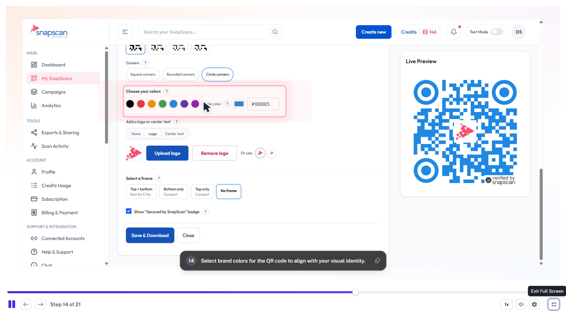 SnapScan dashboard interface showing the QR code customization menu, where a user is selecting custom brand colors to style an In-Video QR code with a live preview on the right.