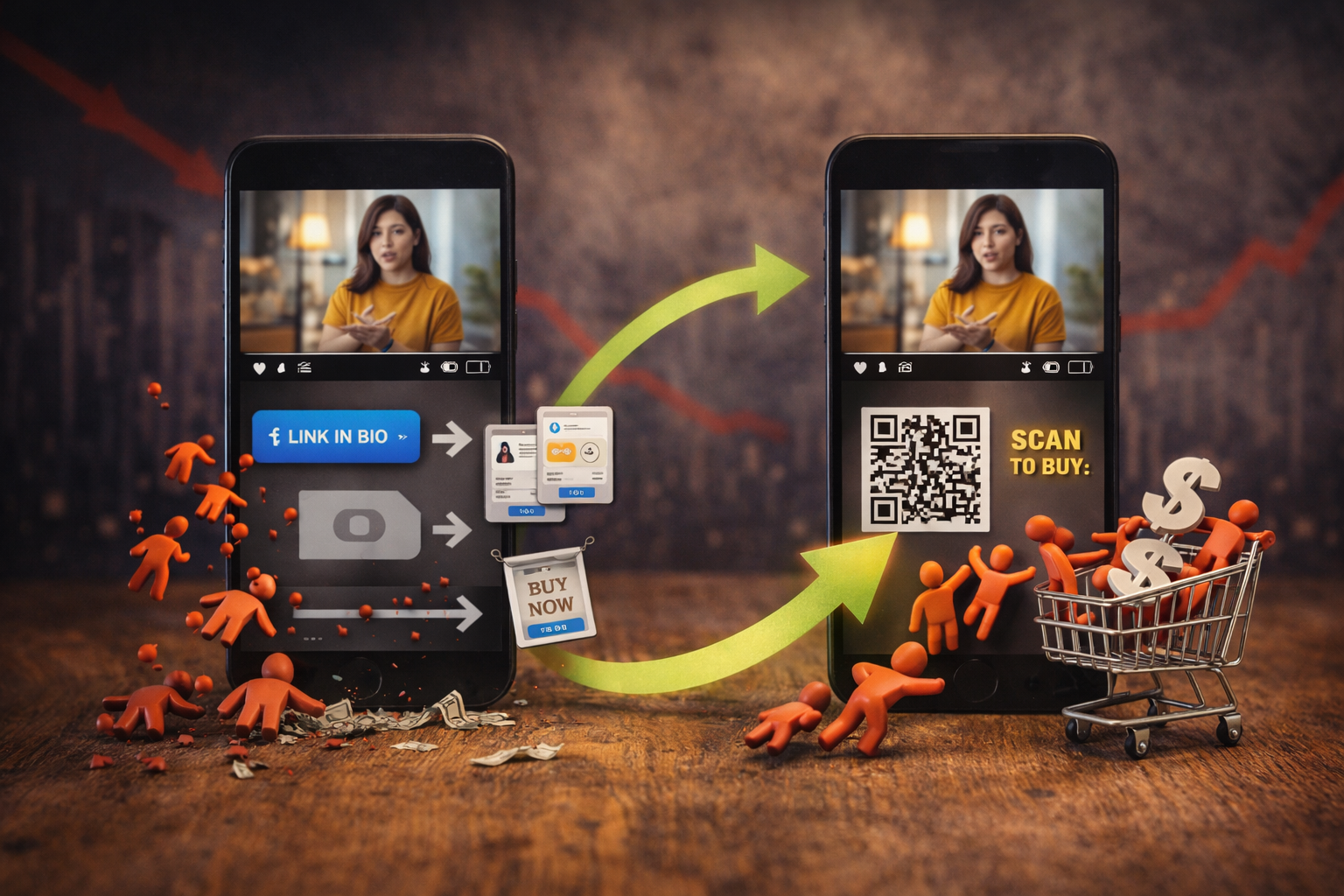 comparison of link in bio vs in-video QR code showing higher video conversion rates