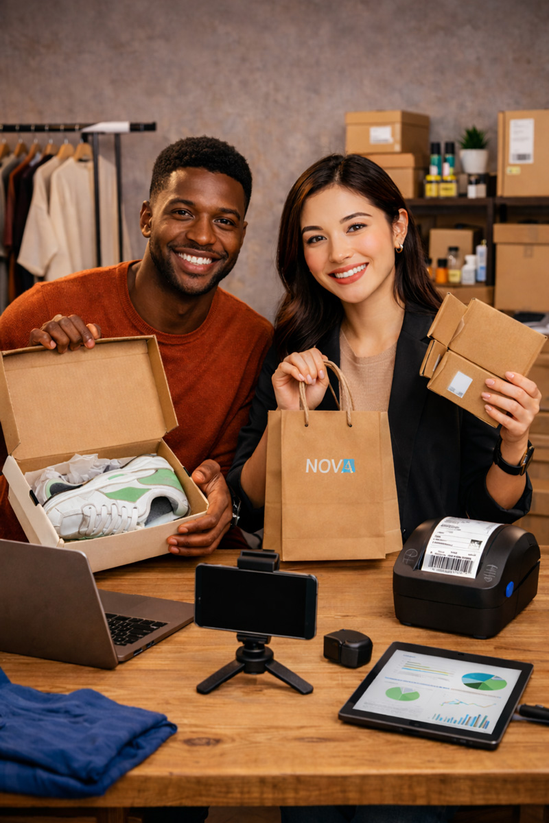 Ecommerce brand owner showcasing products while creating video content to drive online sales