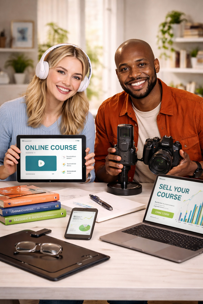 Digital creator presenting an online course on screen while recording content to sell digital products
