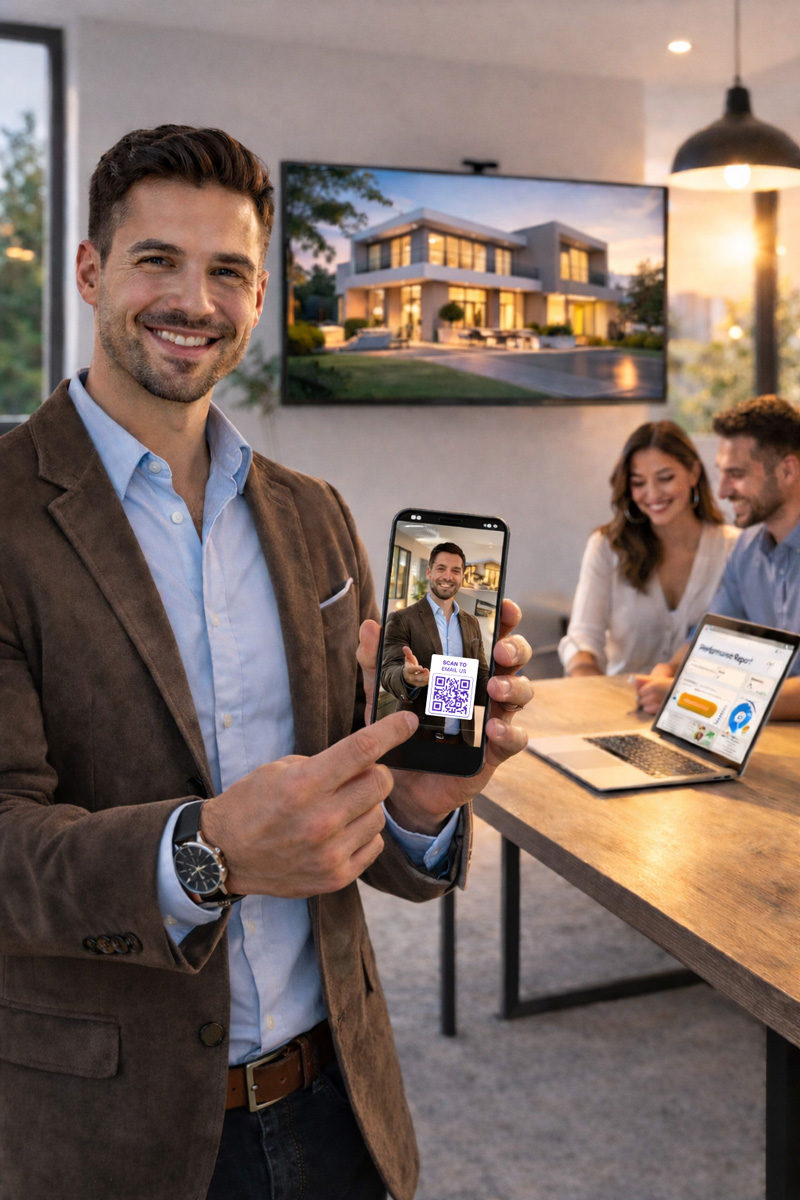Real estate agent presenting property on mobile video to generate buyer inquiries
