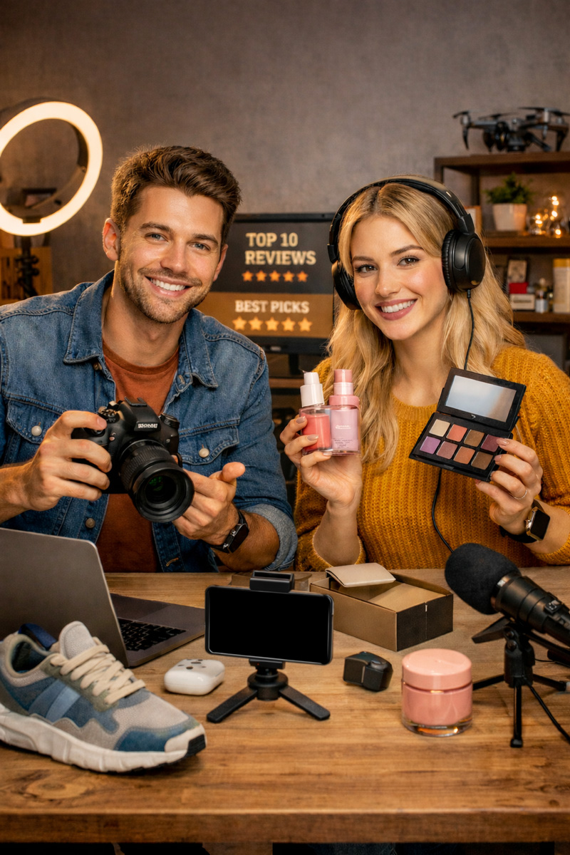 Affiliate creator filming a product review video with featured items to drive purchases