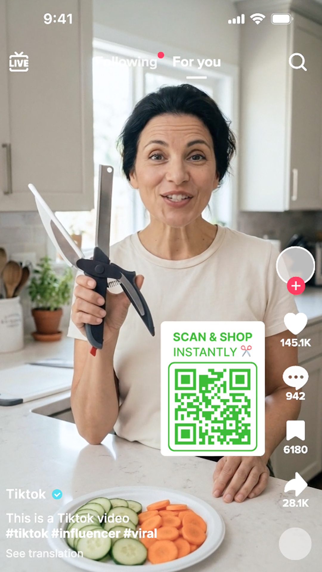 Affiliate content creator video demonstrating tool for Home &amp; kitchen with in-video QR code for instant purchase