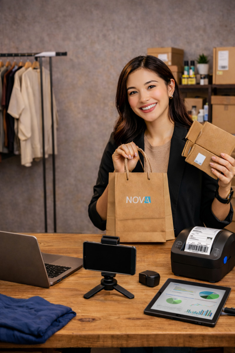 Ecommerce brand owner showcasing products while creating video content to drive online sales