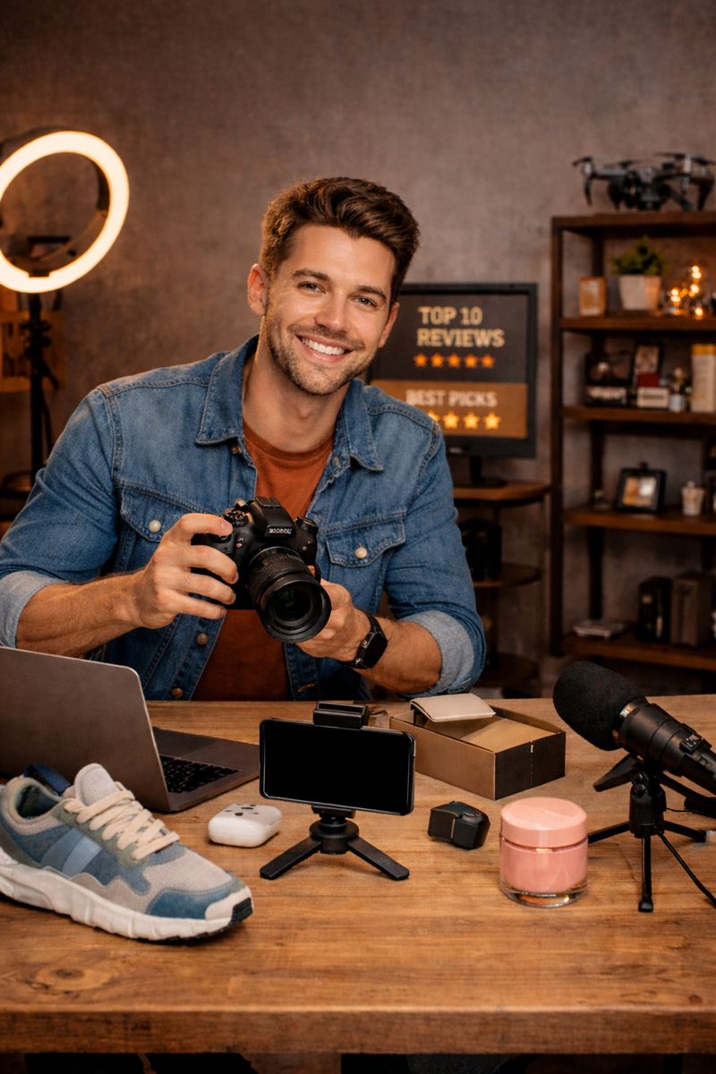 Affiliate creator filming a product review video with featured items to drive purchases
