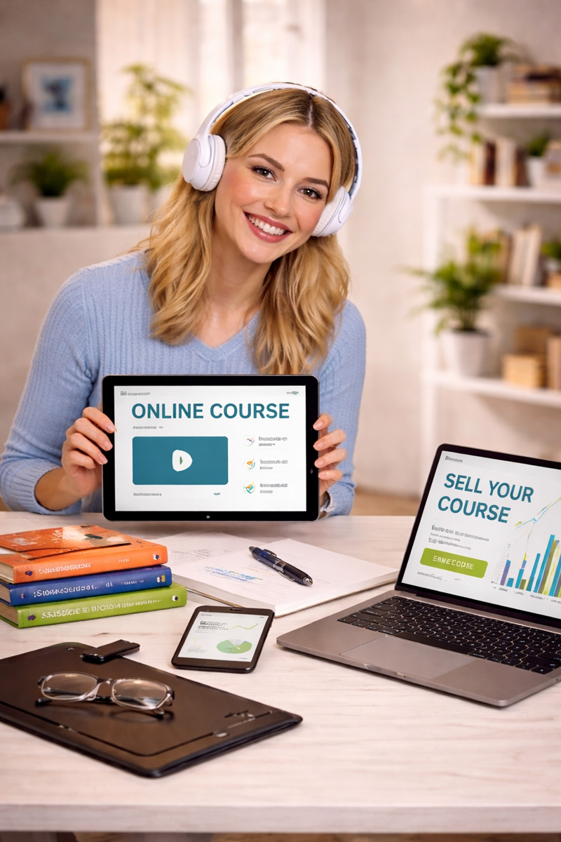 Digital creator presenting an online course on screen while recording content to sell digital products