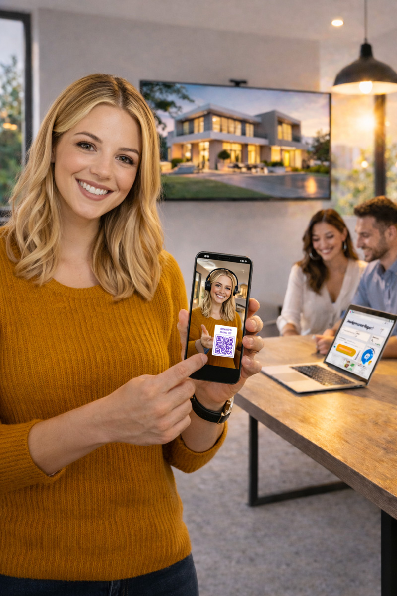 Real estate agent presenting property on mobile video to generate buyer inquiries